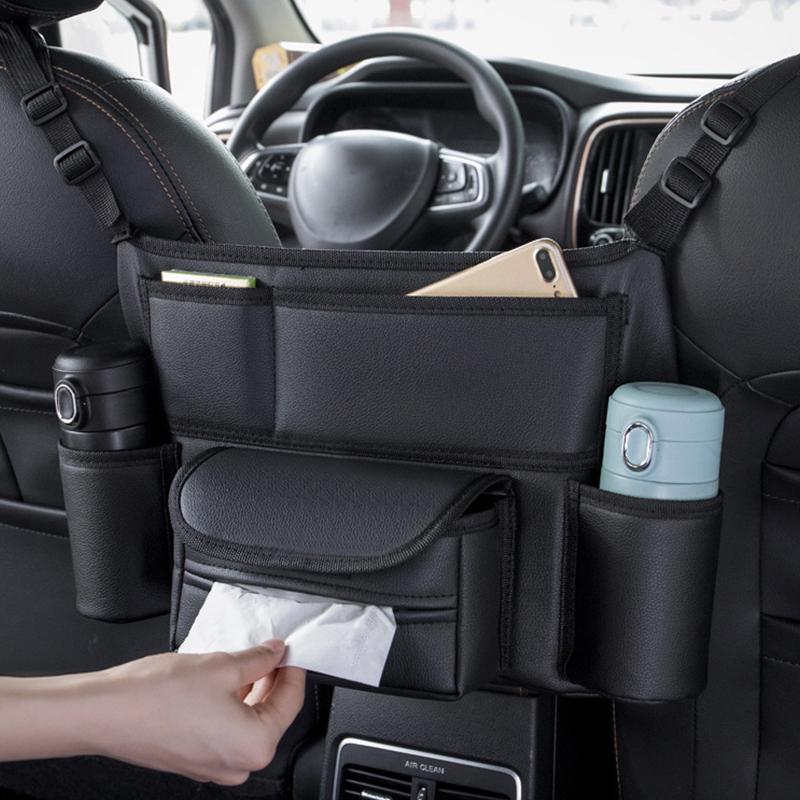 One Durable PU Leather Car Seat Storage Bag With Cup Holder, Side Pockets And Front Storage Compartment.