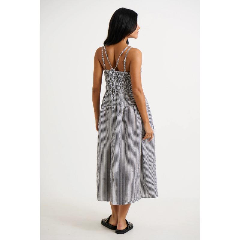 Women Sexy Loose Striped Suspender High Waist Slimming Commuting Midi Dress