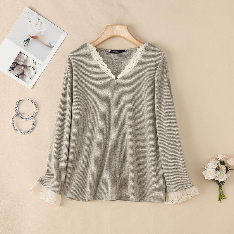 

ZANZEA Жіночі повсякденні футболки з V-подібним вирізом та довгим рукавом зі вставками з мережива хакі