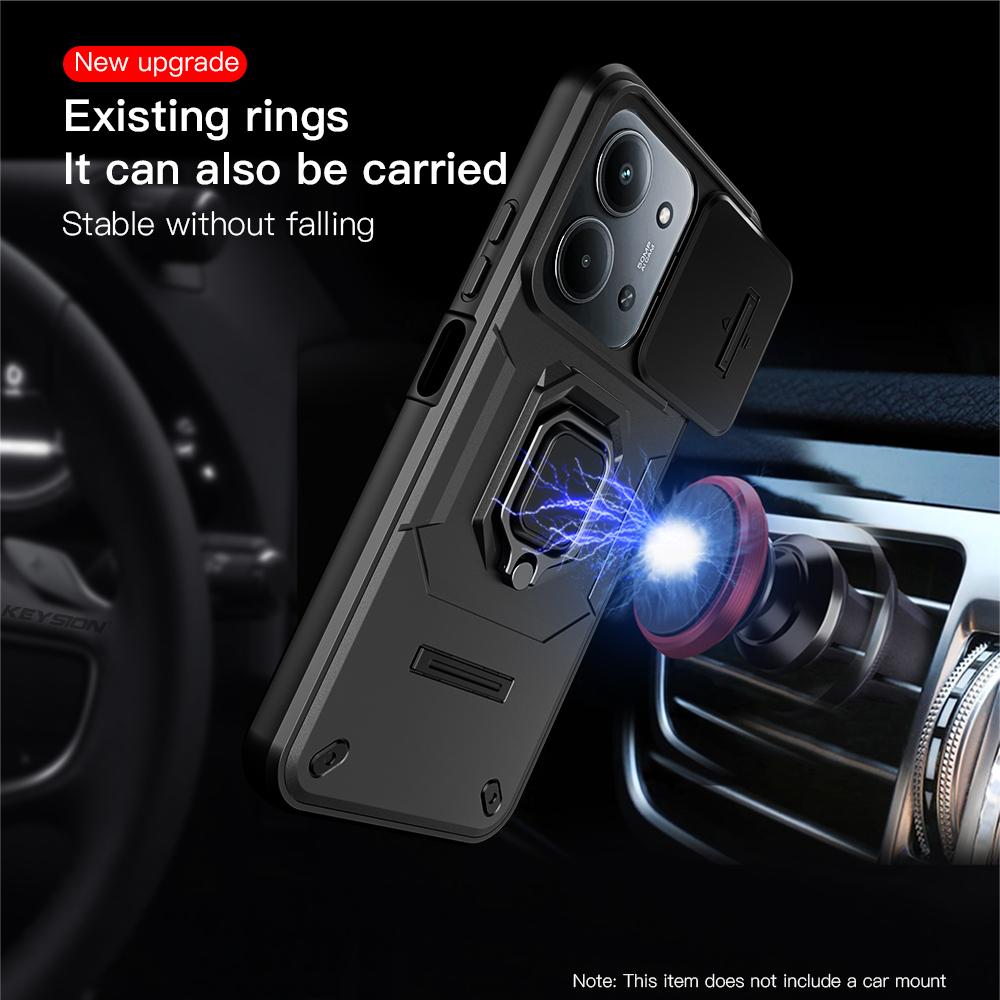 KEYSION Shockproof Armor Case for Redmi 15C 171mm 173mm Slide Camera Lens Protection Metal Ring Stand Phone Back Cover for POCO C85