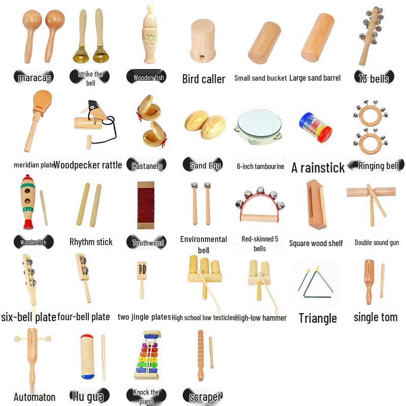 Children's Orff Percussion Instruments: Triangle, Castanets, Maracas, Tambourine, Wood Block, Cymbals