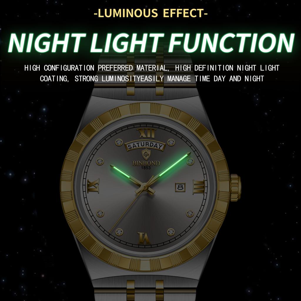 BINBOND Men's Watches Simple Fashion Original Quartz Watch for Man Texture Dial Stainless Steel Date Week Trend Dress Wristwatch