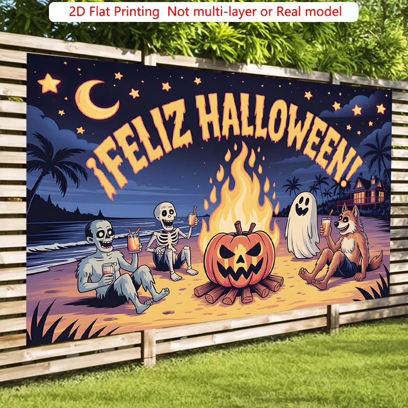 Party Backdrop Halloween Flat Spooky Spanish Language Skeletons Ghosts Pumpkins Parties Celebration Photo Booth Party Decor