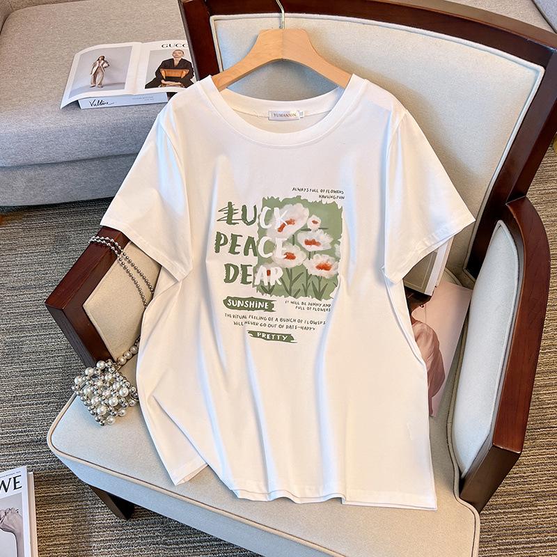 Women's Plus Size Loose Fit Mid-Length Short-Sleeve Round Neck T-Shirt (Sizes 200-350 Jin)