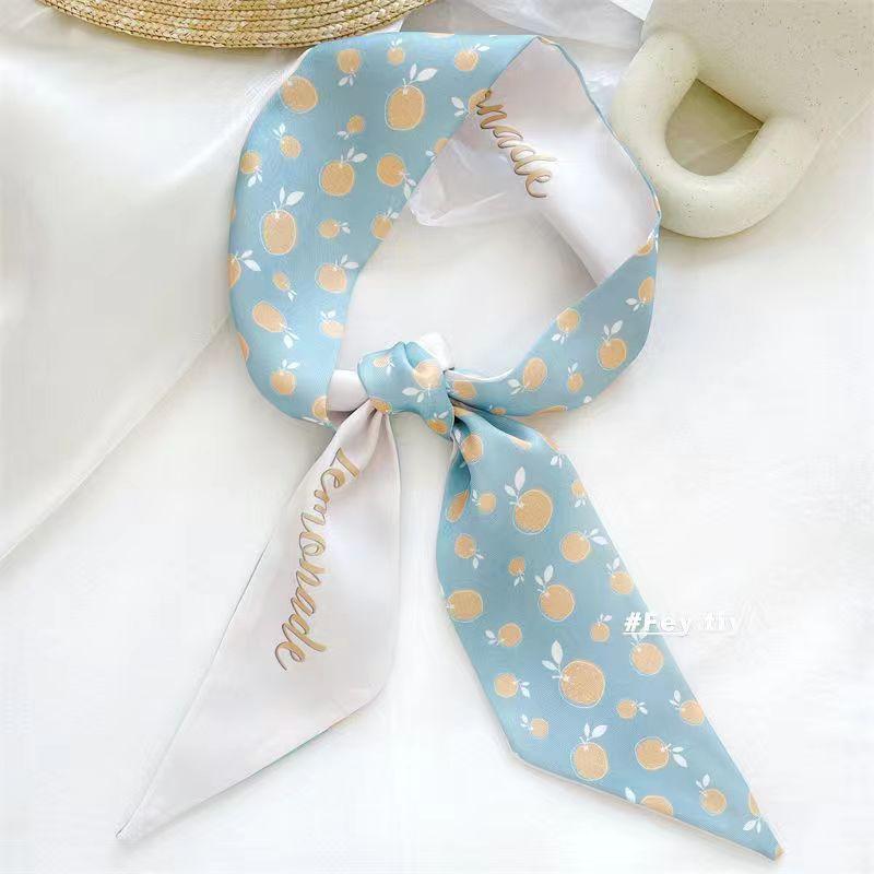 Small White And Tender Green Silk Scarf For Women, Thin Streamer, Headband, Hair Tie, Bag Decoration Long