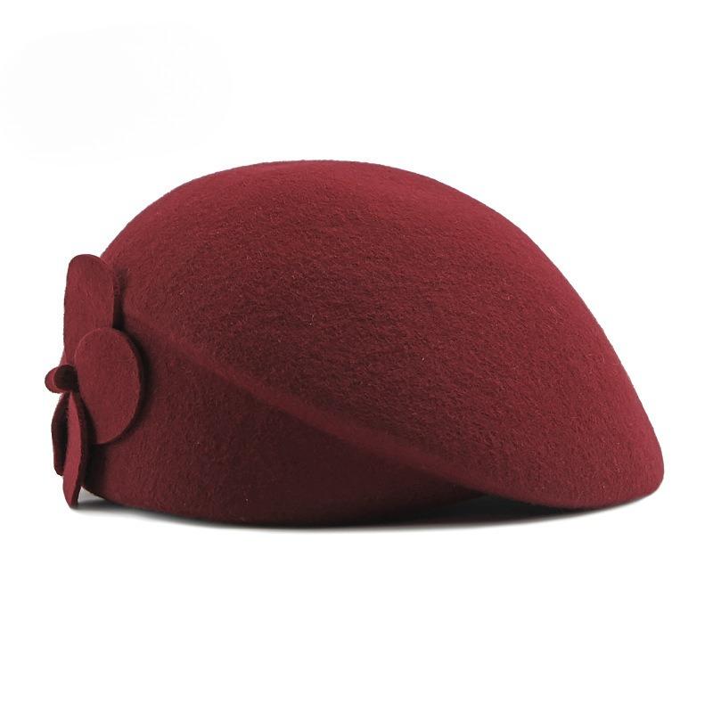100% Pure Wool Beret for Women Elegant Floral Woolen Hat Vintage French Style Painter Cap Autumn Winter Warm Stewardess Hat Solid Color