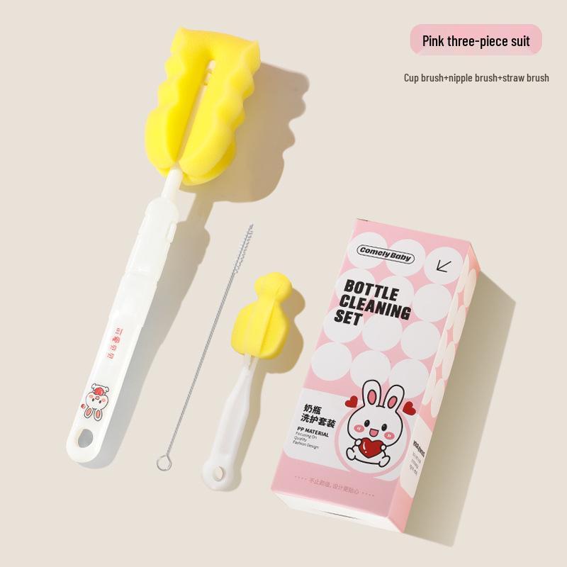

Набор губок для мытья детских бутылочек: Включает щетки для бутылок, сосок и трубочек с мультяжной упаковкой 3-Piece Set розовый