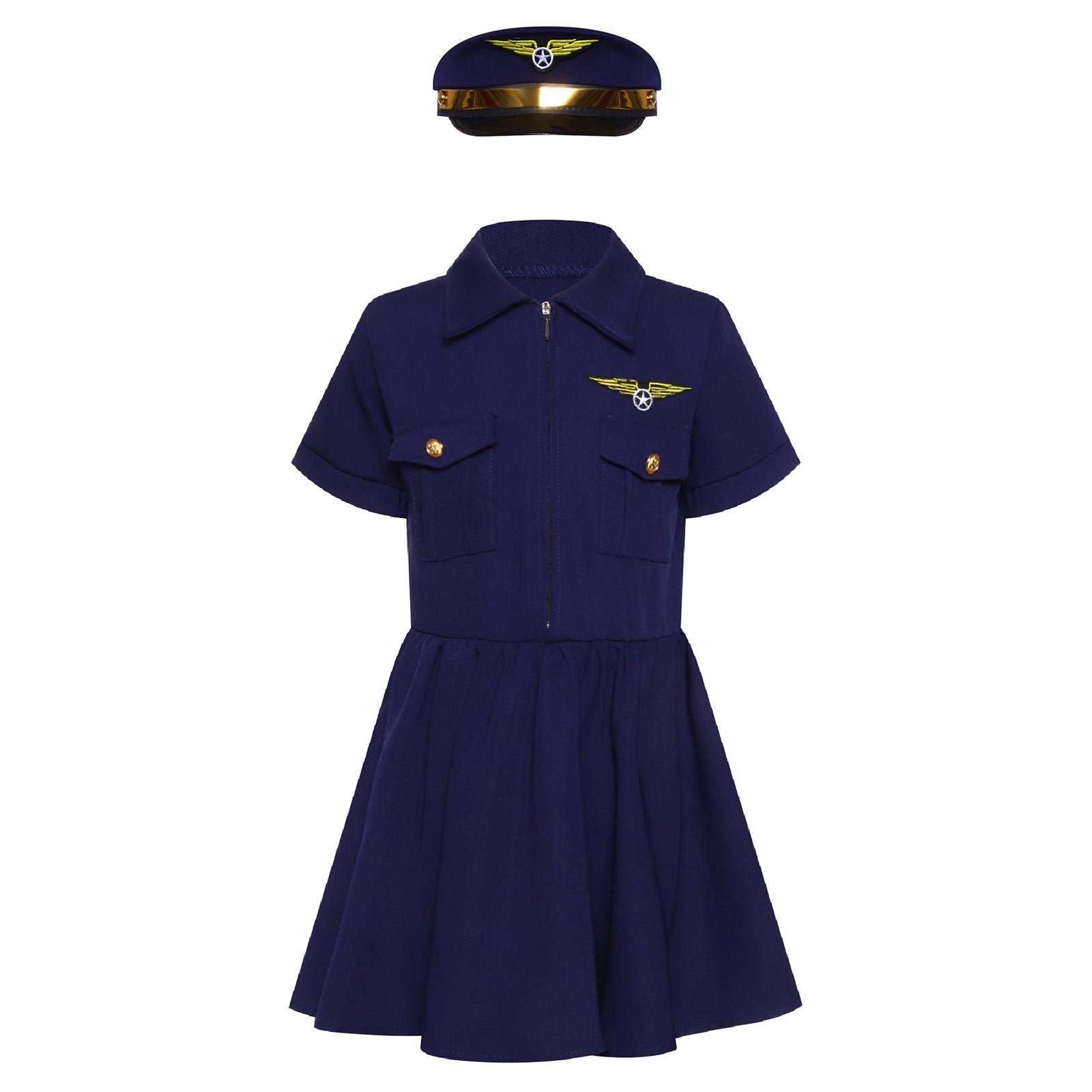 

Girls Pilot Cosplay Costume Turn Down Collar Short Sleeve Flap Pockets Front Zipper Dress with Hat 12-14 Years темно-синього кольору