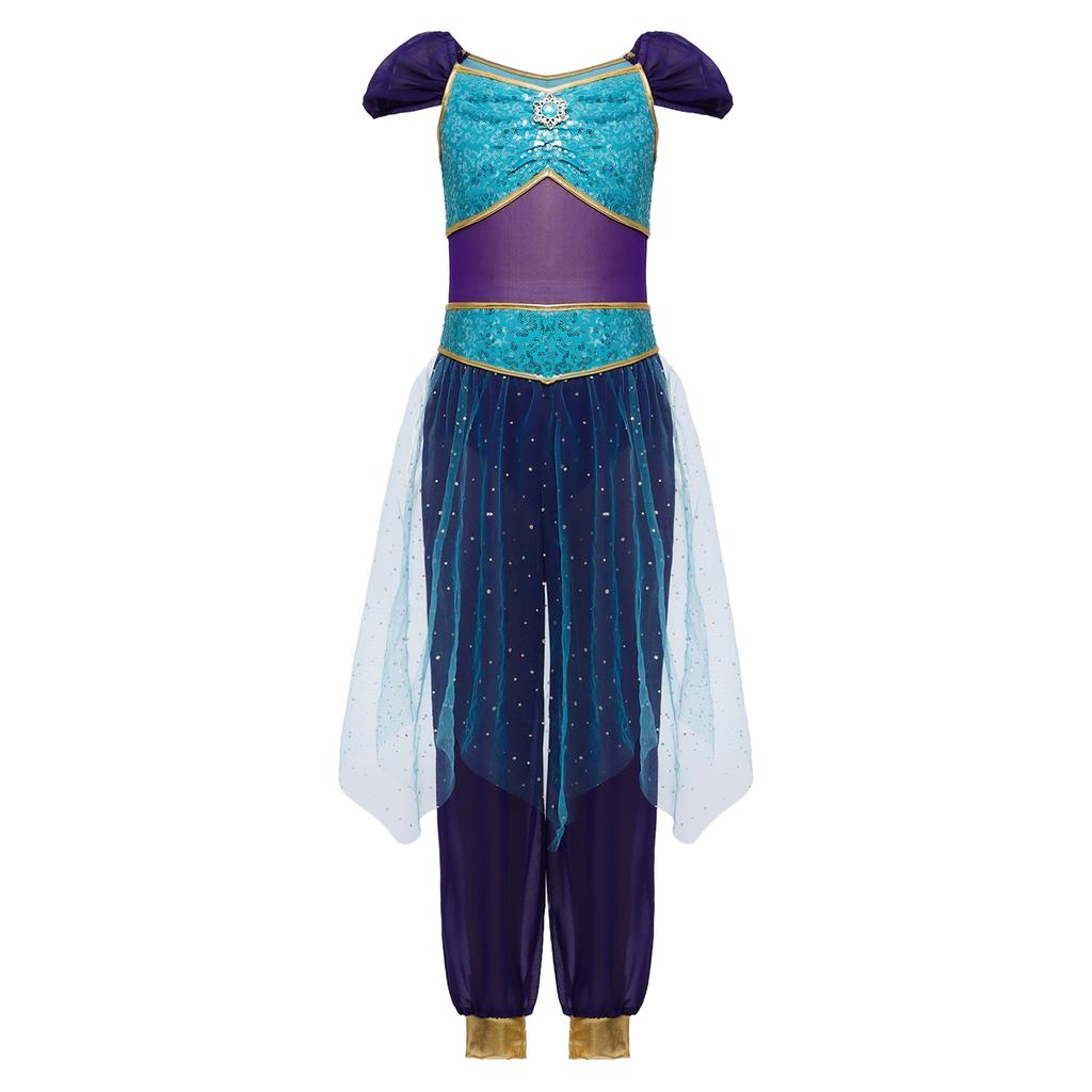 Girls Belly Dance Costume Arabian Princess Rompers Sequined Waist Tulle Overlay Jumpsuit Contrast Color Rhinestone Decor