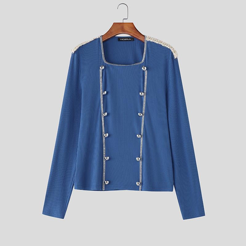 INCERUN Men's Square Collar Long Sleeve Patchwork Buttons Fitted Cropped T-shirts Tops