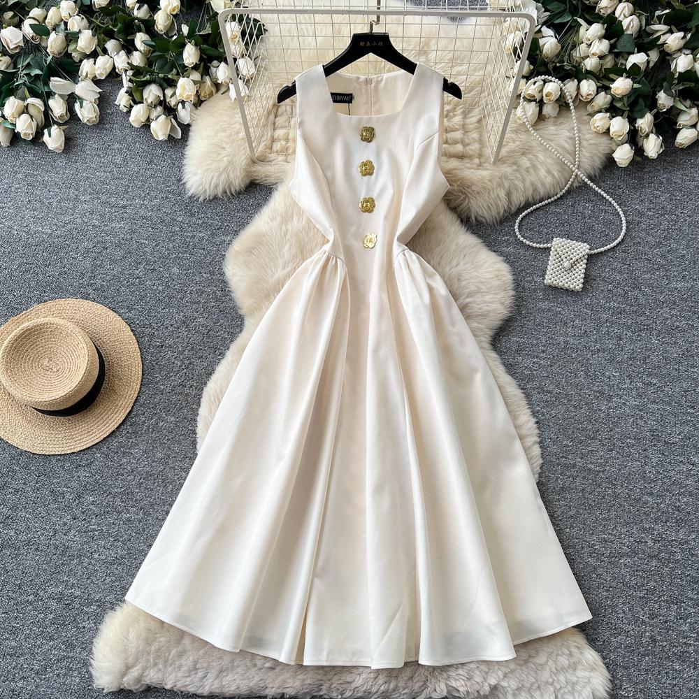 Elegant Sleeveless Satin Dress for Women Luxurious Solid Color Flower Buttons Summer Autumn Formal Evening Party Vestidos