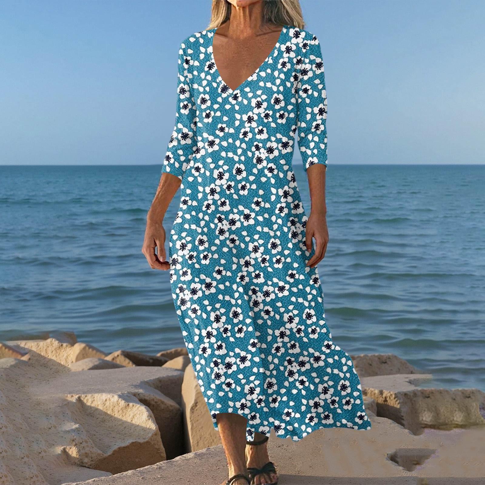 

Платья для женщин Винтажный принт Туника с завышенной талией Миди платье Летнее Повседневное платье с рукавом 3/4 S синий