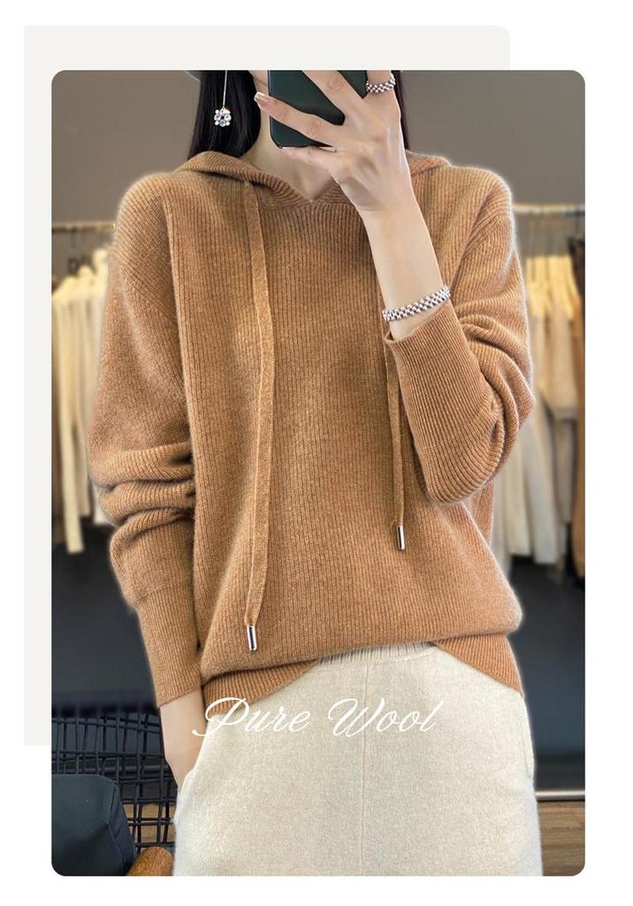 Women's Pure Wool Loose Knit Hoodie - Solid Color, Long Sleeve, Drawstring Hood, Casual Fashion Warm Pullover