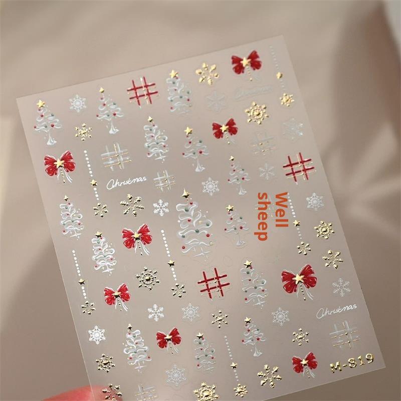 Adorable Xmas Themed White Tree Nail Art Stickers with Snowflake and Red Bows Embossed Print for Festive Nails