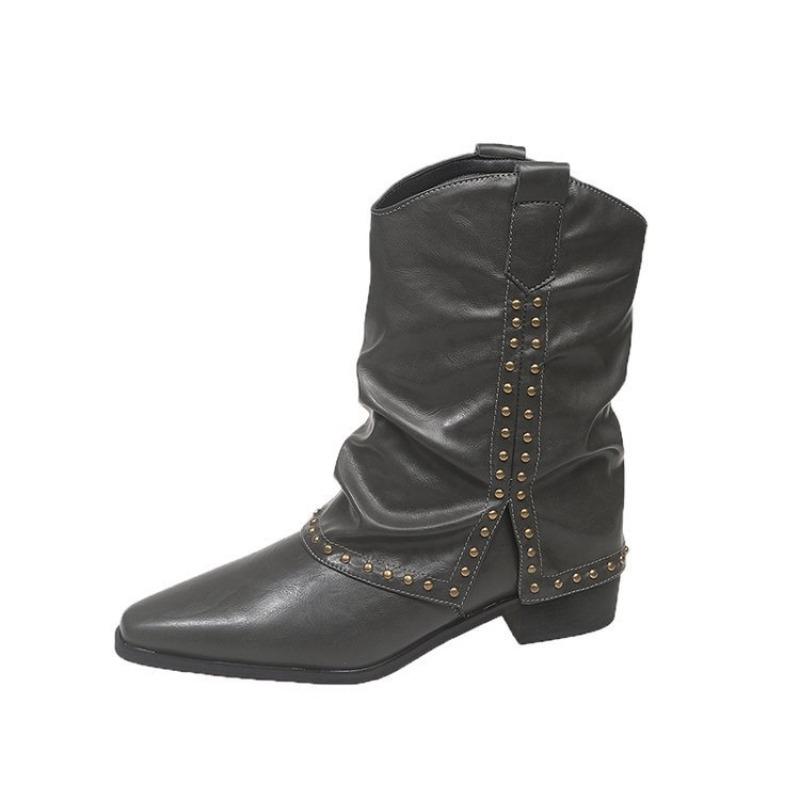 

Large size pointed square heel splicing wind rivet fashion boots autumn and winter new mouth wear medium tube women s boots 44 серый