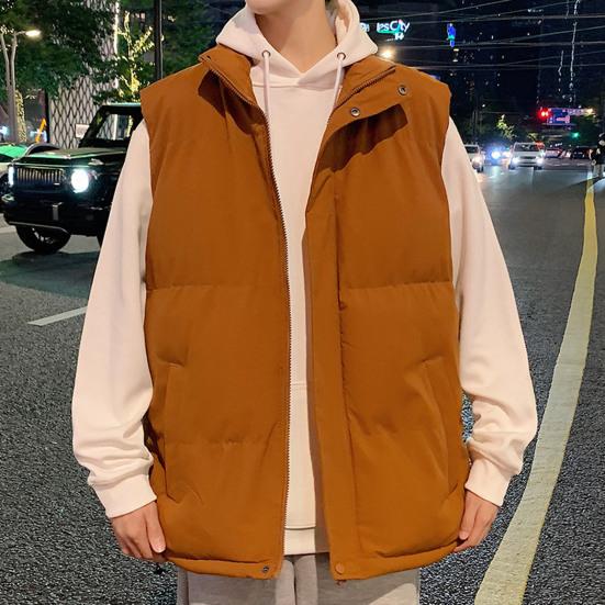 Men Cotton Waistcoat Stand Collar Sleeveless Pockets Quilted Vest Coat Solid Color