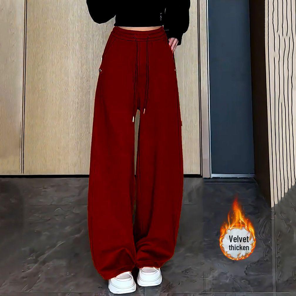 Hong Kong-Style Orange Wide-Leg Sweatpants with Drawstring Waist