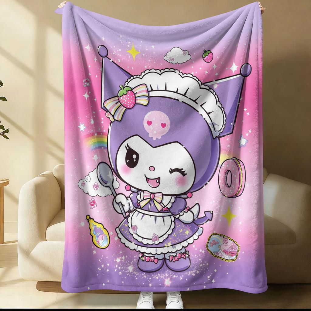 Hot Sale Kuromi Pink Plaid Sweet Blanket Cute Strawberry Cherry Heart Pattern Flannel Plush Throw for Home Decor Bed Sofa Office