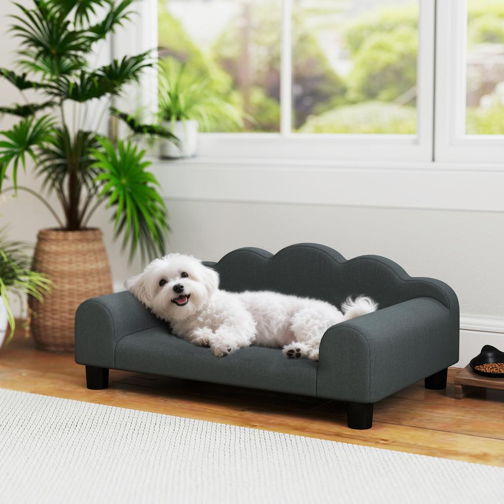 Dog Sofa with Support Armrests, Wooden Frame & French Terry Fabric, 66x42x28.5 cm, Dark Grey