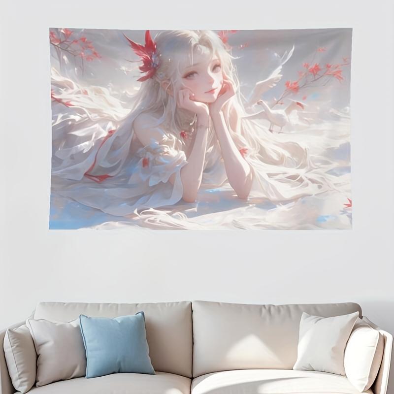 Ethereal Fairy with Red Feathers Tapestry Wall Decor for Bedroom Cozy Atmosphere and Fantasy Home Style Enhancement