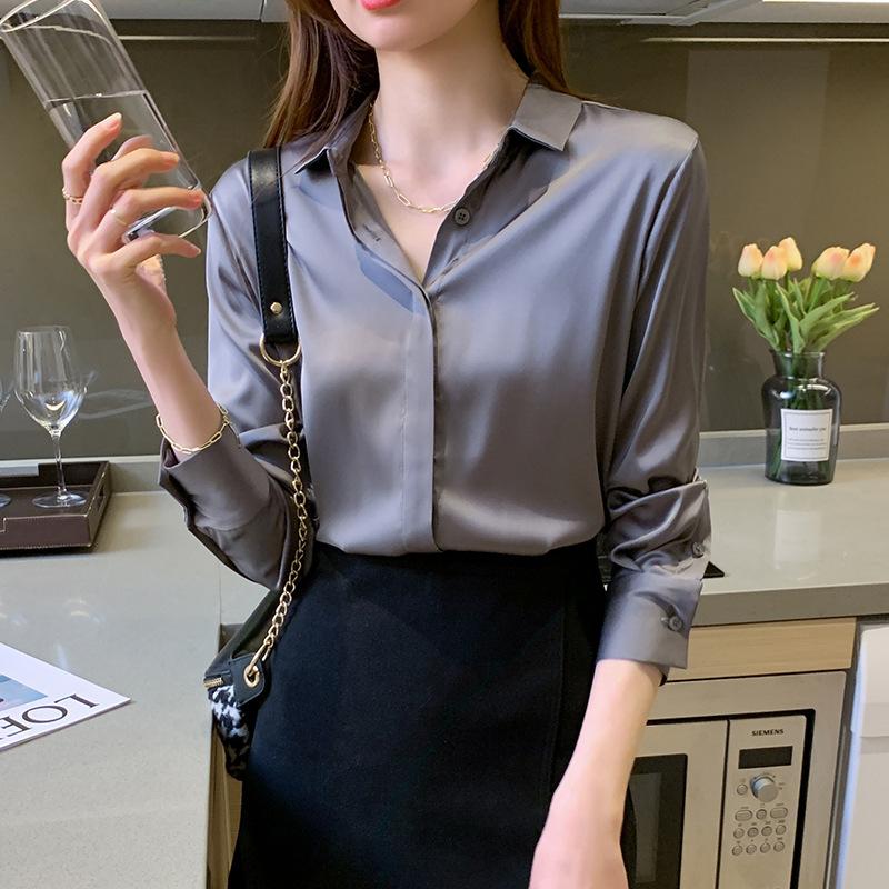 Tops Cute Elegant Luxury Blouses for Women Simulation Silk Shirt Turn Down Collar Solid Color Satin Tops Office Lady Party Plus Size