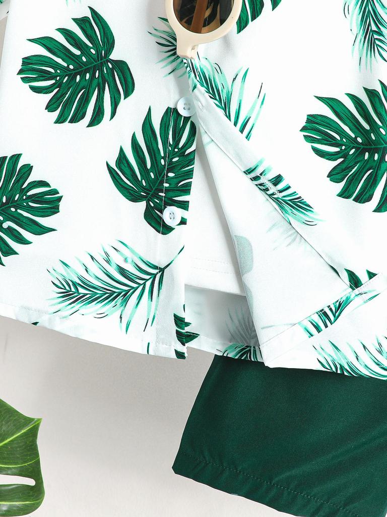 Boys' Tropical Leaf Print Shirt & Shorts 2Pcs Outfit