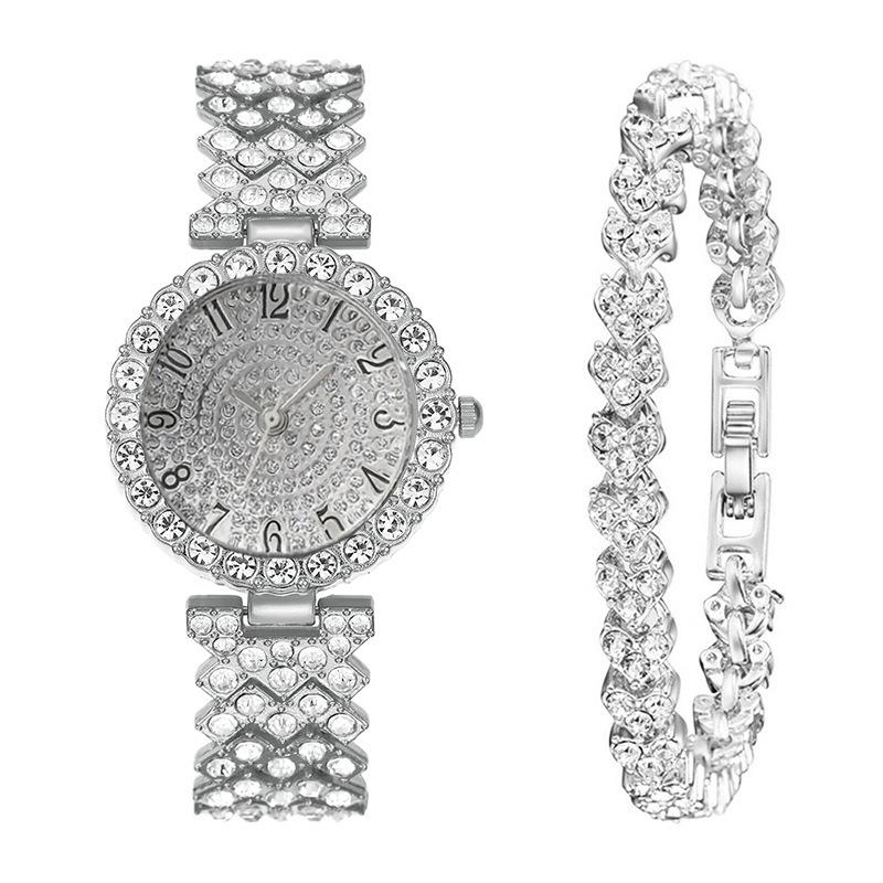 

2 шт. Роскошные элегантные часы из нержавеющей стали со стразами | Минималистичные модные кварцевые часы с браслетом, полностью инкрустированным стразами | Подарки на Ид
