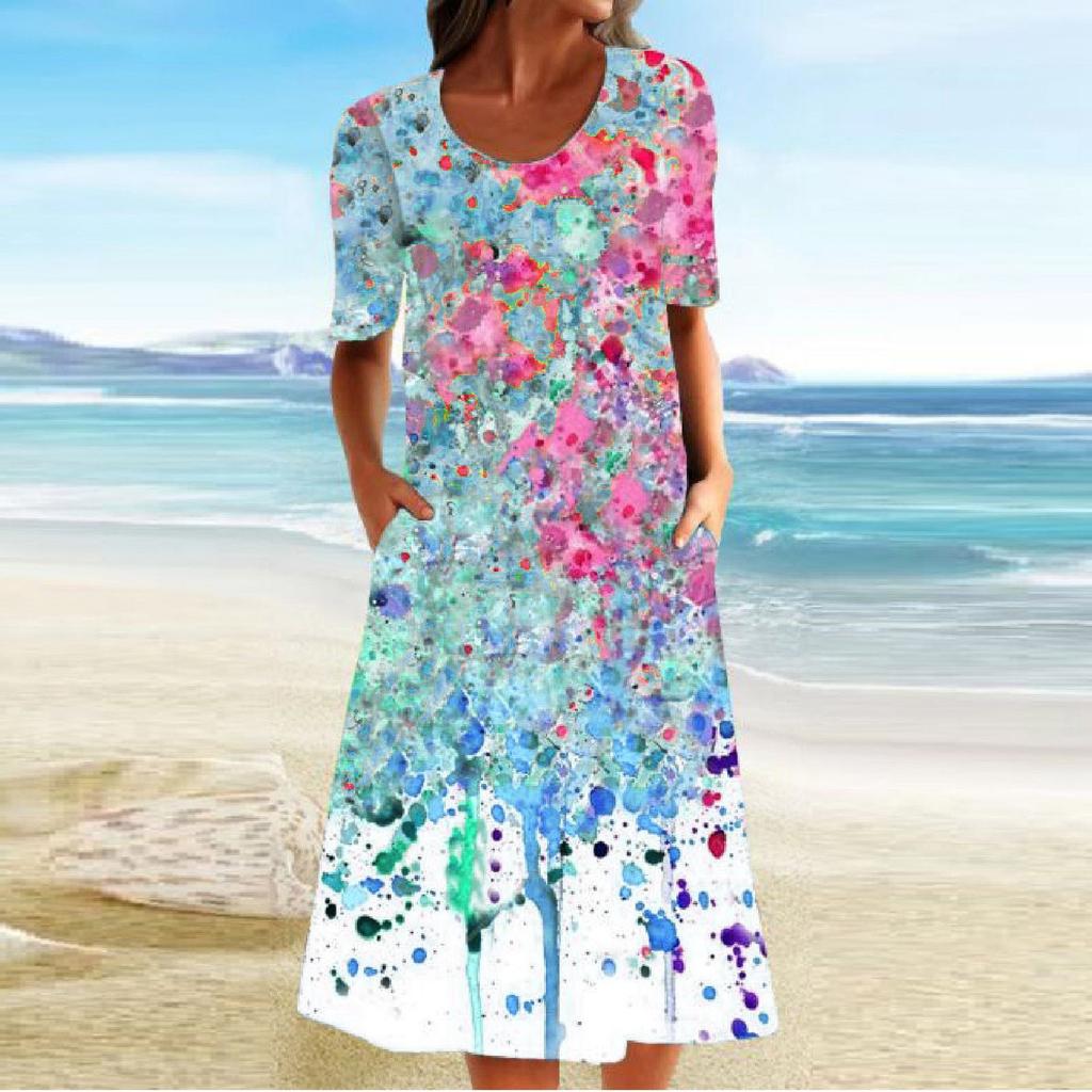 Women's Retro Printed Skirt Short Sleeve Skirt Round Neck Dress Summer Dress