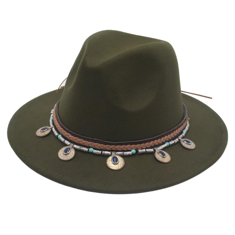 Flowing Beads Imitation Gemstone Tibetan Style Top Hat Jazz Dance Men'S And Women'S Big Eaves Hat
