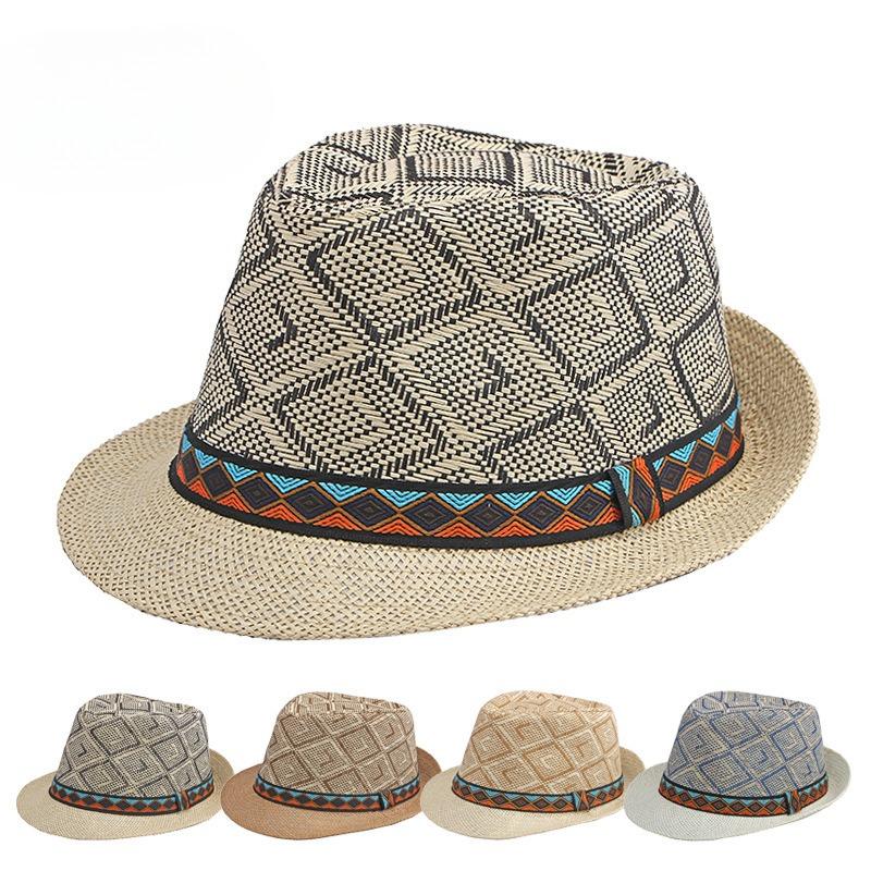 British Retro Straw Fedora Hat for Men Women Summer Sun Protection Jazz Hat Geometric Woven Beach Cap Fashion Ethnic Trilby Hat