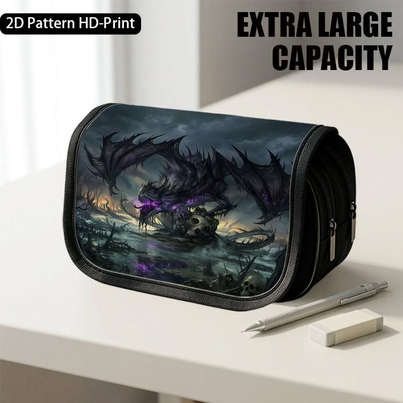 1pc Flip-Top Pencil Case, Dark Fantasy Dragon Purple Large Capacity Thickened Oxford Pencil Bag Double-Layer Zipper Pencil Pouch, Aesthetic Back To Sc