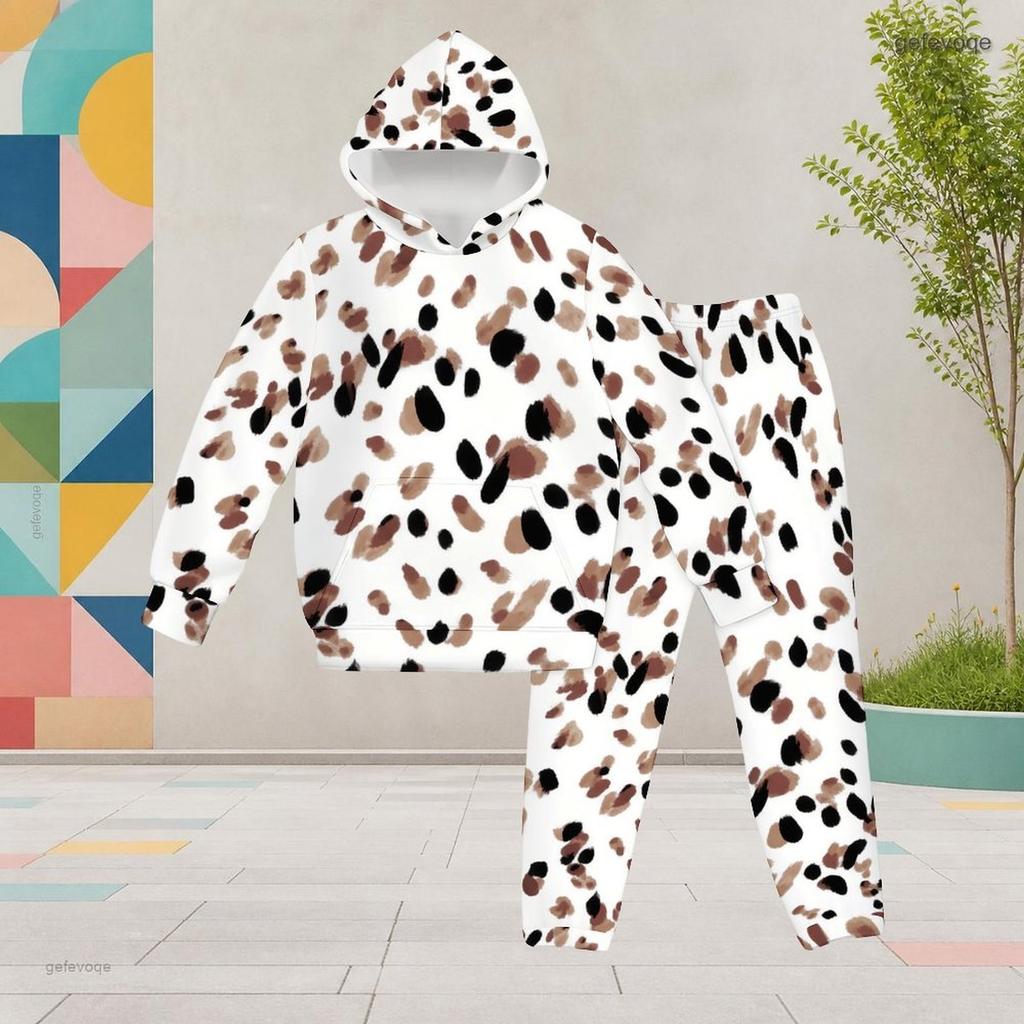 Girls Colorful Geometric Printed Hooded Long Sleeve Two Piece Pants Set Kangaroo Pocket Cuffed Pants