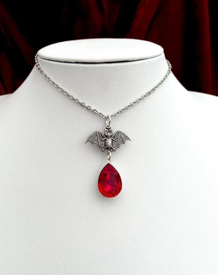 Gothic Bat Necklace Blood Drop Pendant Stainless Steel With Cross Chain For Women