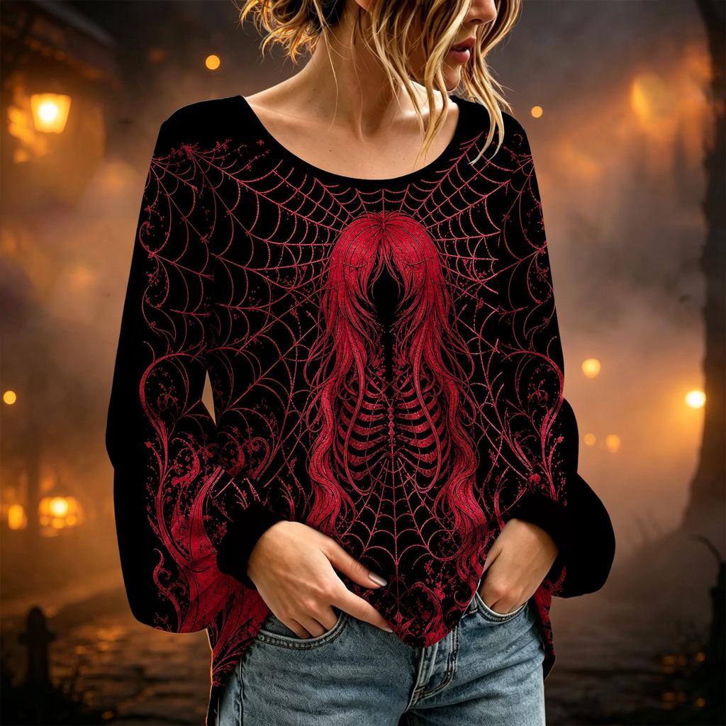 Women's Round Neck Long Sleeve Halloween Print Blouse Top for Party Wear