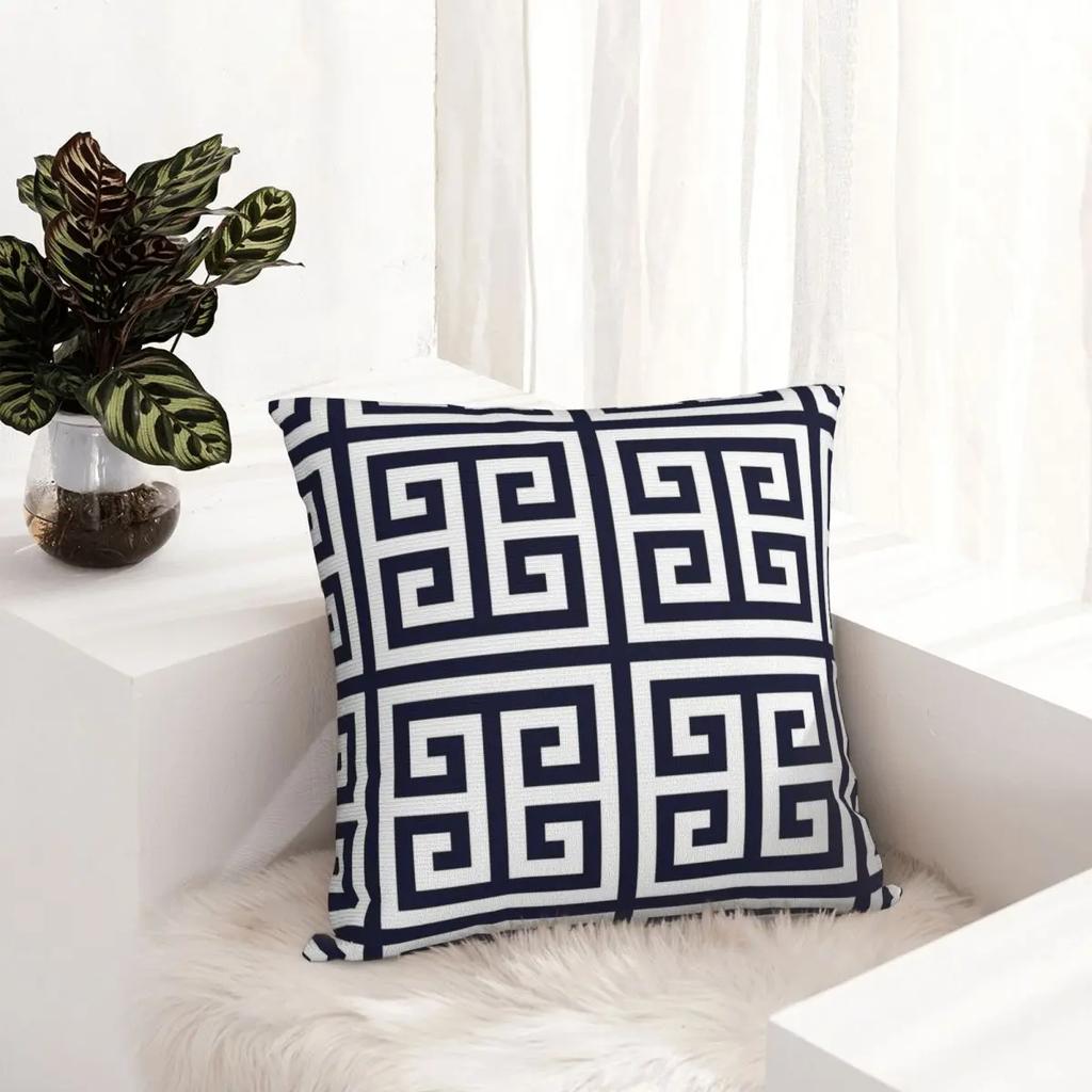 Greek Key Navy Blue Geometric Pillowcase Soft Polyester Cushion Cover Decor Trendy Pillow Case Cover Seater Zipper 18''