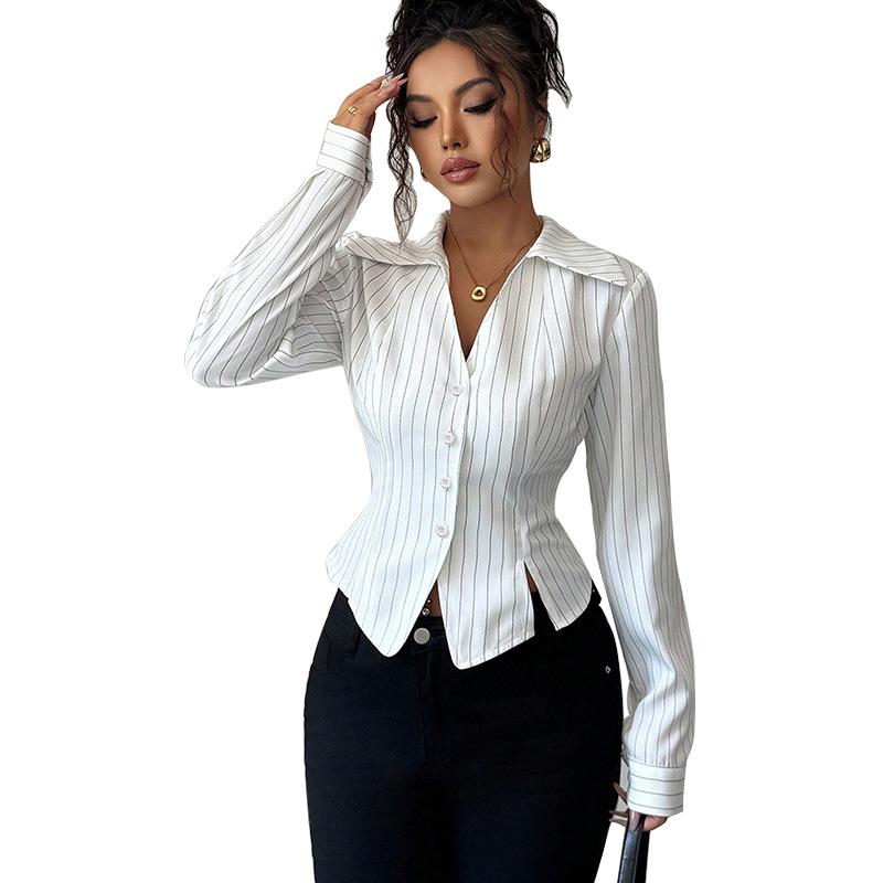 

Autumn Women s New Temperament Striped Long-sleeved Slim Lapel High-waisted Shirt S бежевий