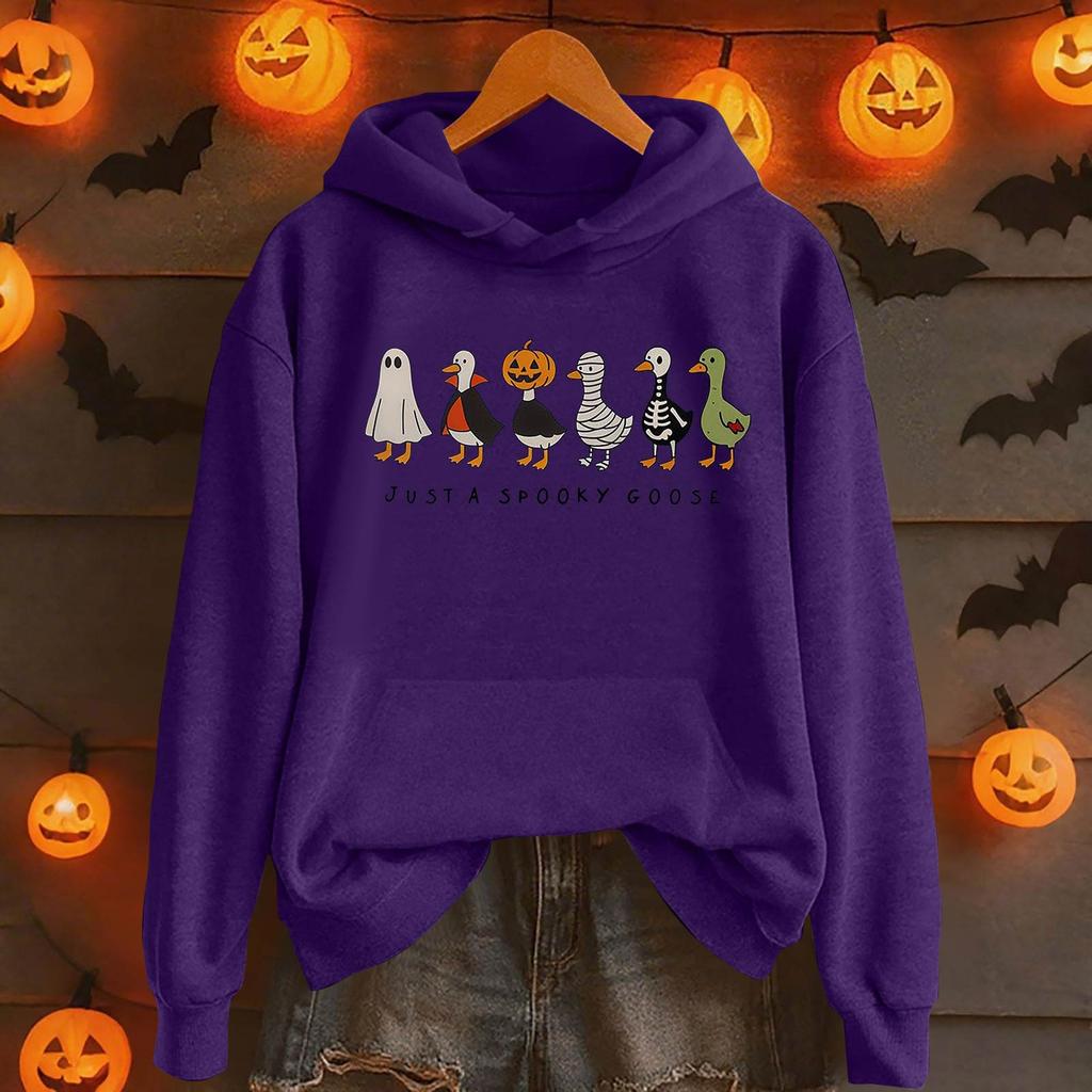 Damemote Casual Langermet trykt Rundhals hettegenser Pullover Topp med lommer