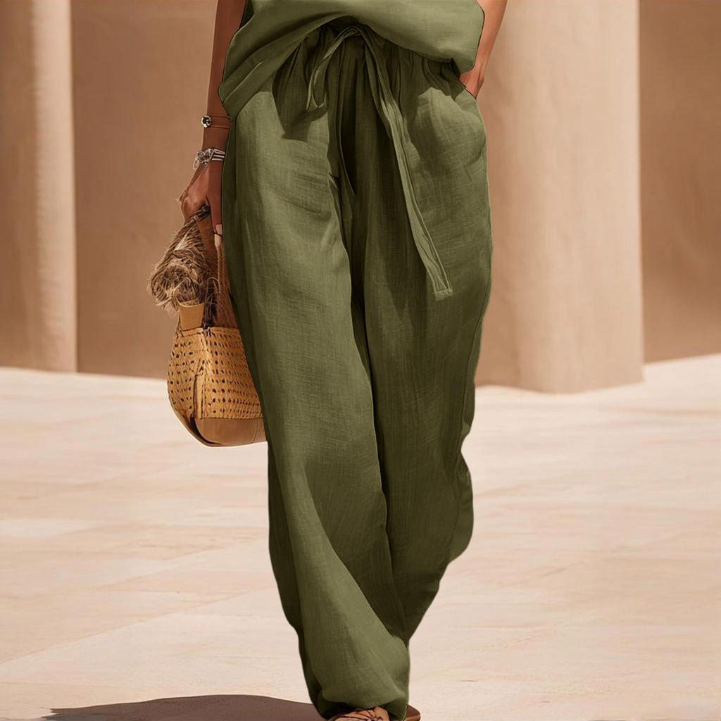 Women Sleeveless V Neck Loose Fit Pullover Top High Waist Wide Leg Pants Set Casual Two Piece Outfit