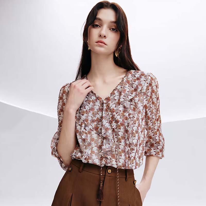 JESSIE Artistic Print Ruffled V-Neck Chiffon Blouse S
