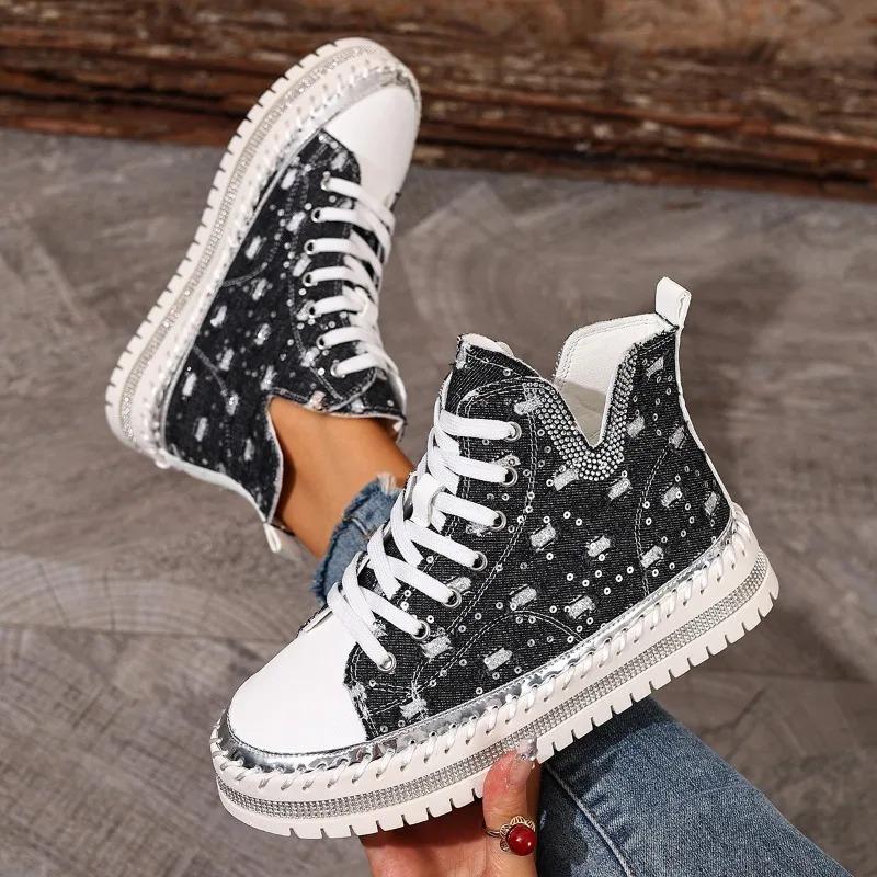 Women's Sports Shoes Casual Platform High-top Canvas Shoes Autumn Chic V Neck Rhineste Sewing Lace-up Girl's Sneakers Fashi
