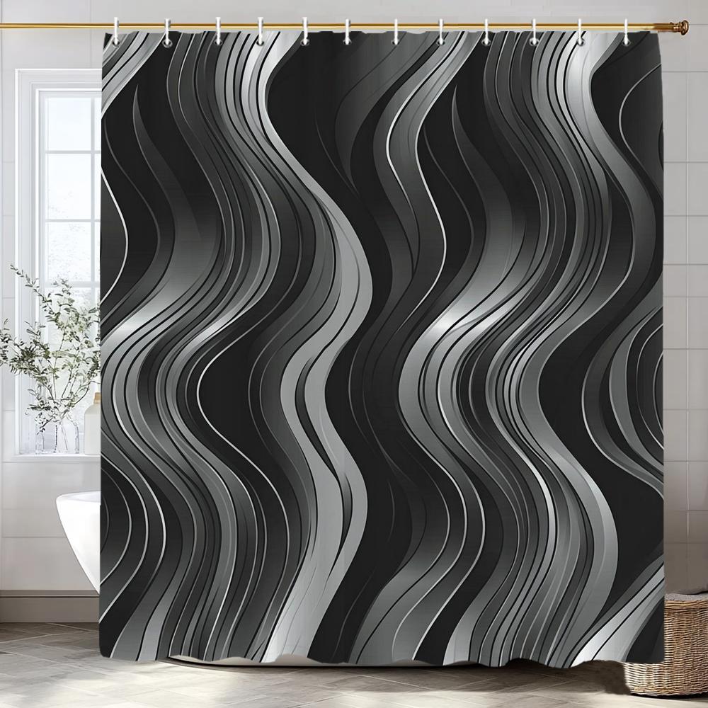 Black Wave Line Geometric Modern Minimalist Art Shower Curtain Printed Fabric Bathroom Decorative Shower Curtain With Hooks