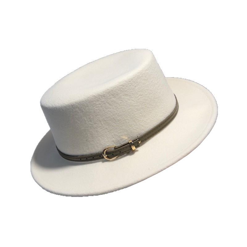 Australian wool woolen flat top top hat women's autumn and winter versatile flat-brimmed felt hat belt buckle contrasting color British jazz hat