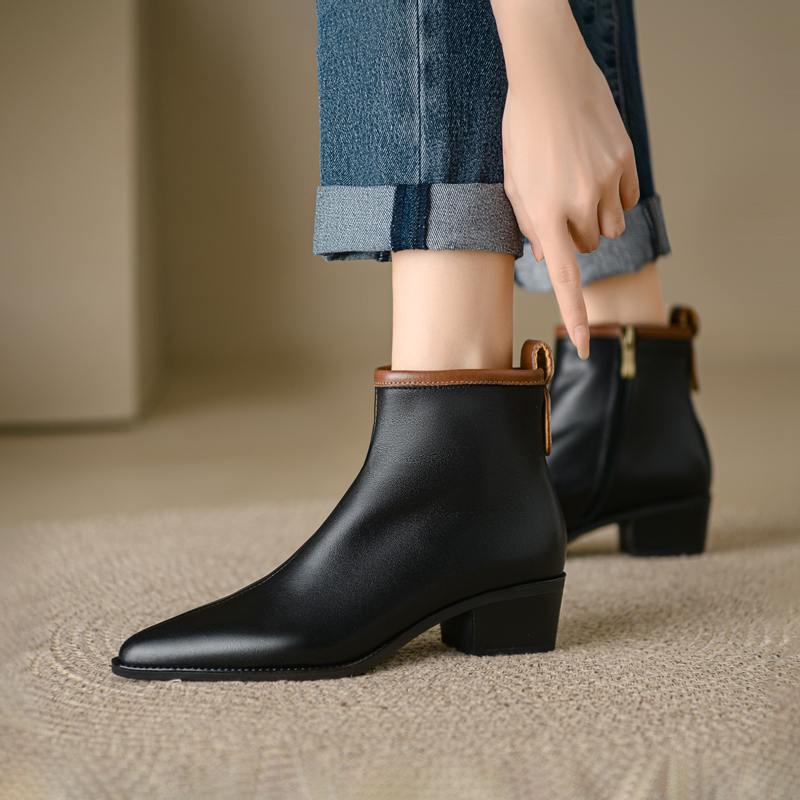 Krazing Pot Full Grain Leather Autumn Winter Shoes Med Heels Chelsea Boots Round Toe Keep Warm Zipper Mixed Color Ankle Boots