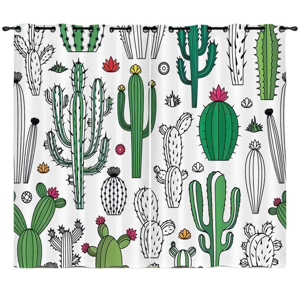 Curtains Fresh Green Plants Hand-Painted Cactus 3D Digital Printing Blackout Curtain Punching