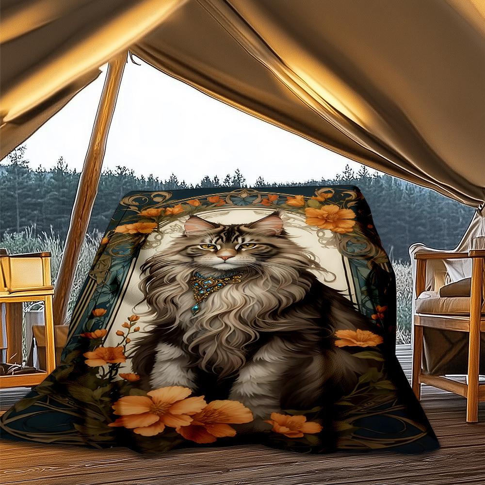 1pc Cat Portrait Art Print Outdoor Blanket, Lightweight Polyester,