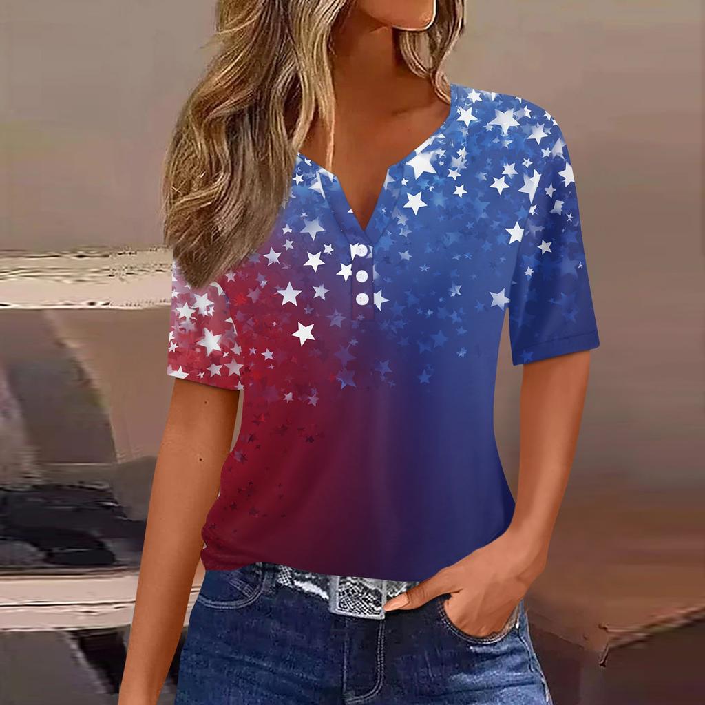 Women's T Shirt Independence Day Print Button Short Sleeve Daily Weekend Fashion Basic V- Neck Regular Top