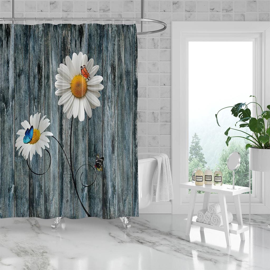 1 piece of 180x180cm wooden board with daisy pattern printed shower curtain partition, waterproof and mold resistant