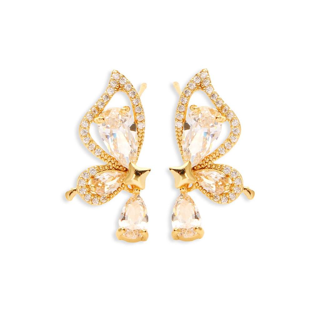Fairy-like Gold Dangle Earrings with Copper Butterfly and Zircon Water Drop