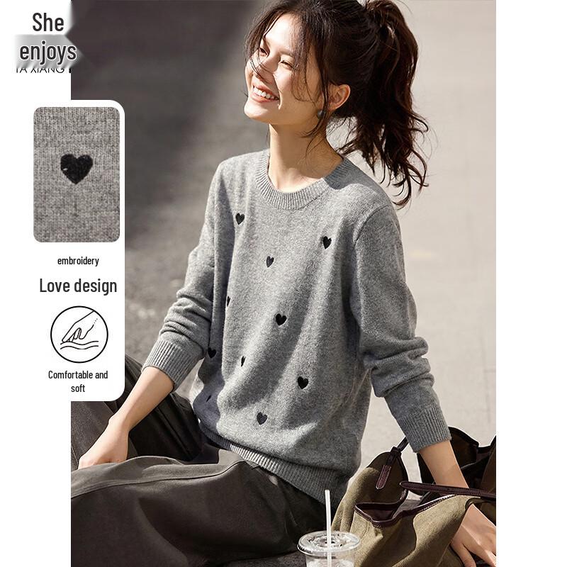 Women s Round Neck Heart Design Knit Sweater M