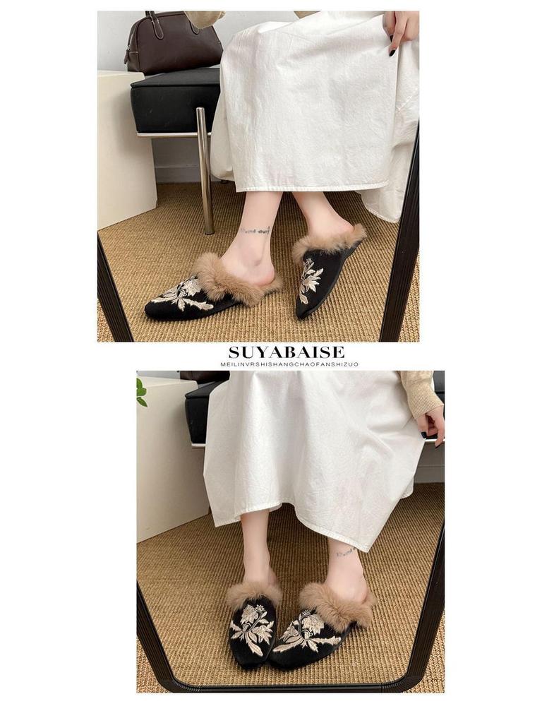 2025 Herbst/Winter Damen Samtgefütterte Kaninchenfell Halbzellen-Mules